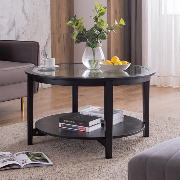 Solid Wood Round Coffee Table with Black Tempered Glass Top