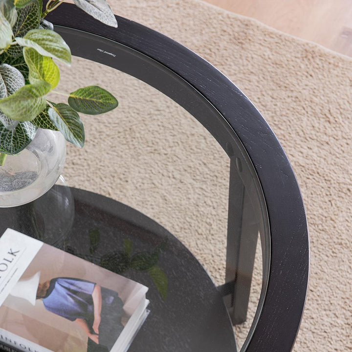 Solid Wood Round Coffee Table with Black Tempered Glass Top