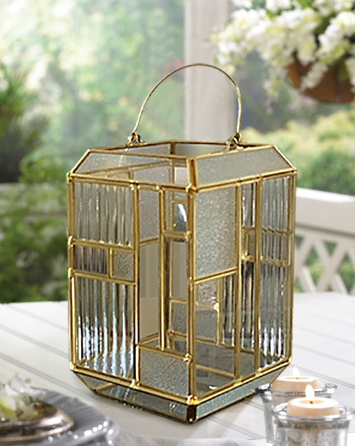 Gold Metal Frame and Glass Candle Holder Lantern by Decozen