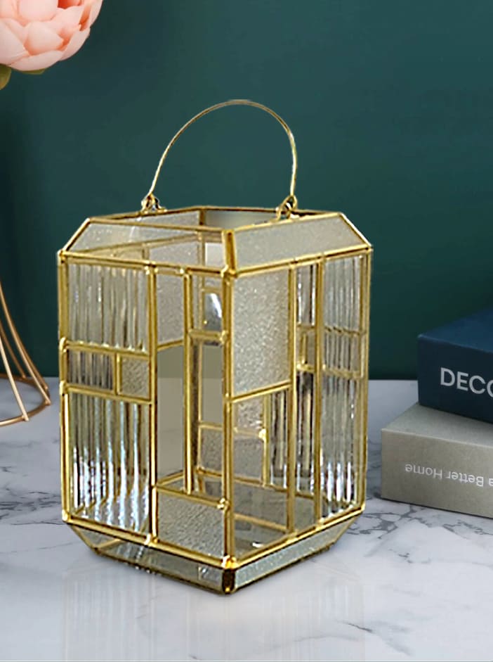 Gold Metal Frame and Glass Candle Holder Lantern by Decozen