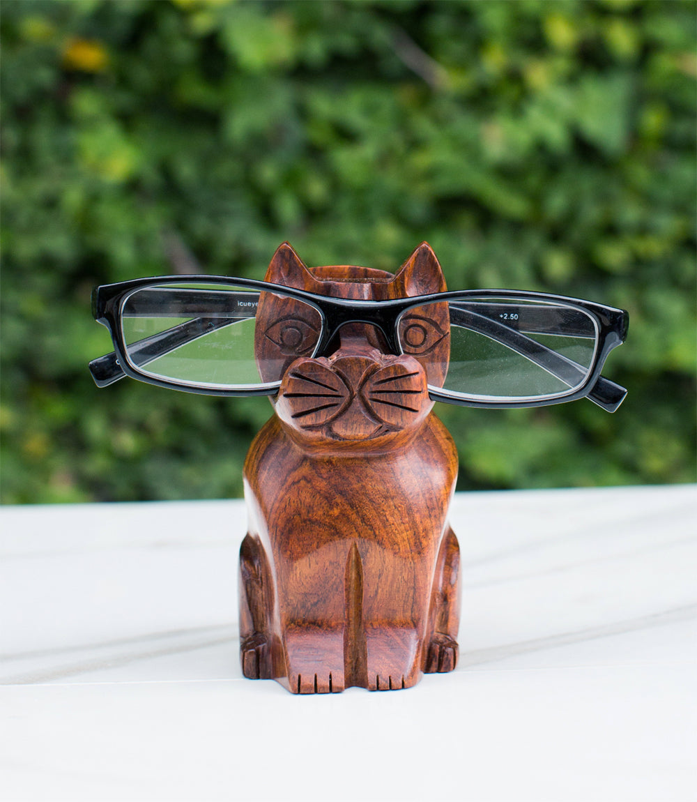 Hand Carved Wood Cat Eyeglass Holder Stand