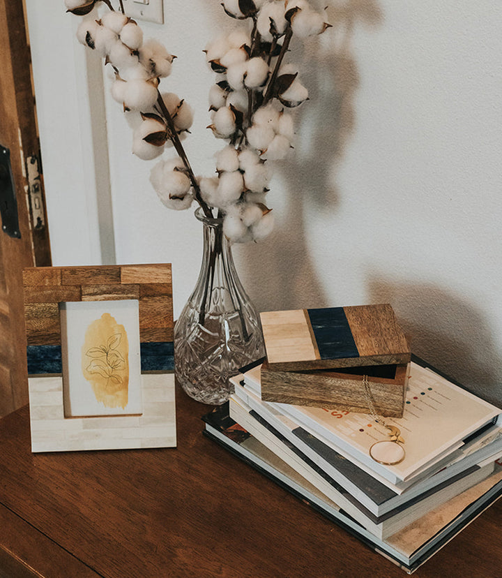 4x6 Natural, Blue, Brown Picture Frame - Carved Bone, Wood