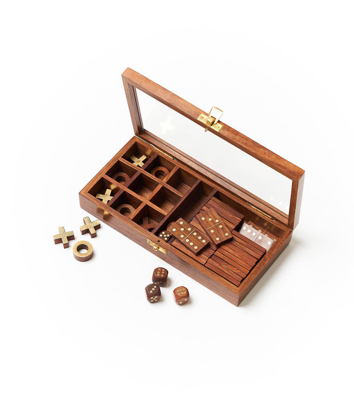 3-in-1 Game Set Dice, Dominoes, Tic Tac Toe - Handcrafted Wood by Matr Boomie