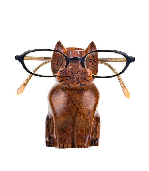 Hand Carved Wood Cat Eyeglass Holder Stand