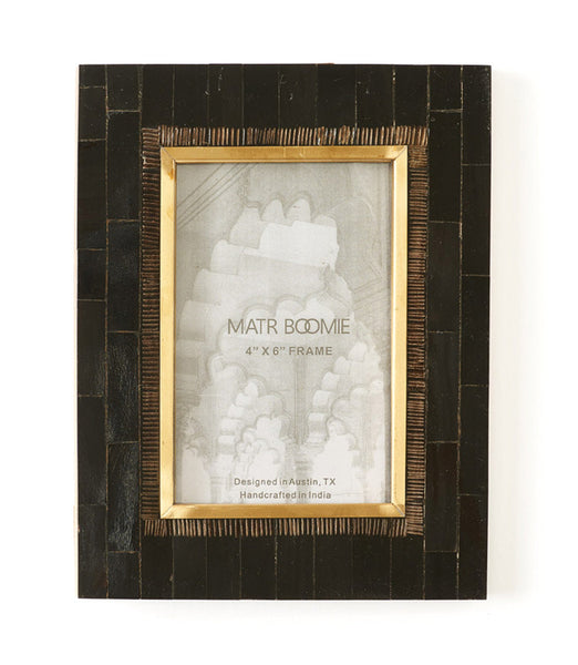 4x6 Black Picture Frame - Hand Carved Horn, Brass Inlay