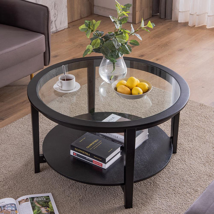 Solid Wood Round Coffee Table with Black Tempered Glass Top