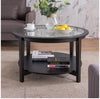 Solid Wood Round Coffee Table with Black Tempered Glass Top