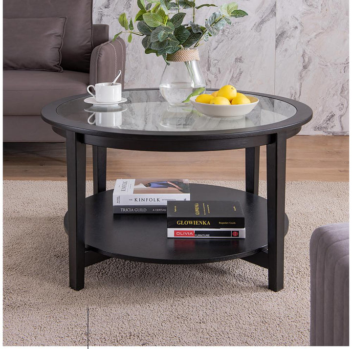 Solid Wood Round Coffee Table with Black Tempered Glass Top