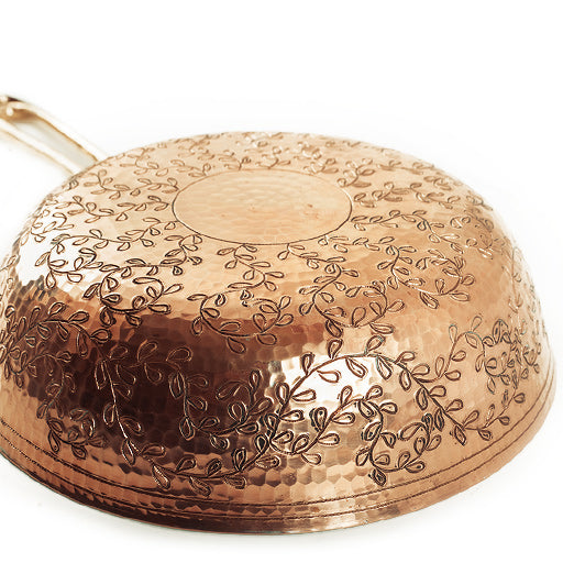 Hand-Engraved Leaves Copper Frying Pan, 9"