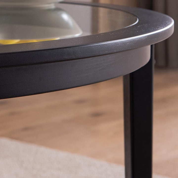 Solid Wood Round Coffee Table with Black Tempered Glass Top