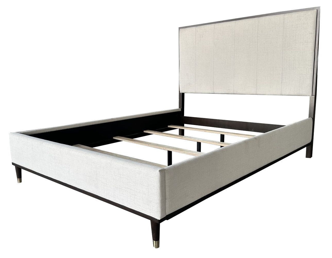 Contemporary Light Gray Fabric Queen Bed with White & Brown Finish