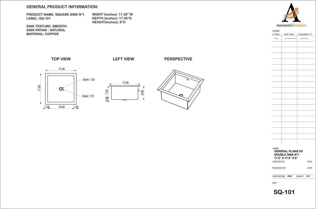 Hammered Undermount Square Copper Sink - Grosseto 17.8"