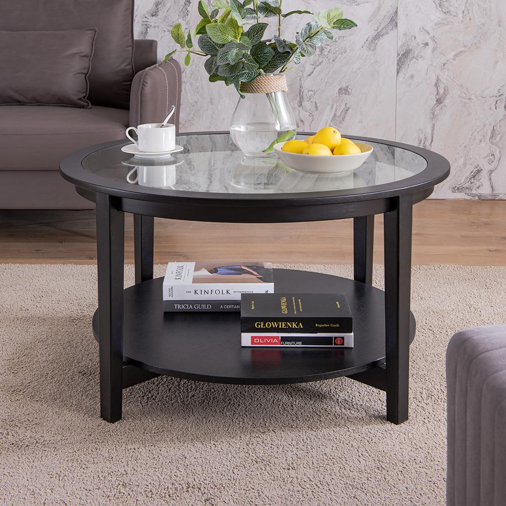 Solid Wood Round Coffee Table with Black Tempered Glass Top