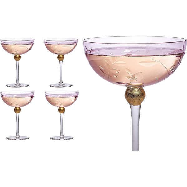 Colored Coupe Art Deco Glasses, Gold | Set of 4 | 8 oz Classic Cocktail Glassware for Champagne, Martini, Manhattan, Sidecar, Crystal Speakeasy Style Goblets Stems (Pink)