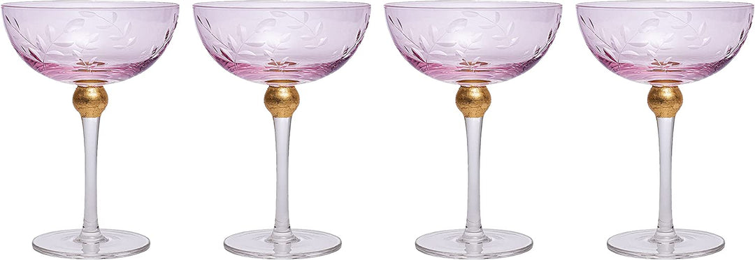 Colored Coupe Art Deco Glasses, Gold | Set of 4 | 8 oz Classic Cocktail Glassware for Champagne, Martini, Manhattan, Sidecar, Crystal Speakeasy Style Goblets Stems (Pink)