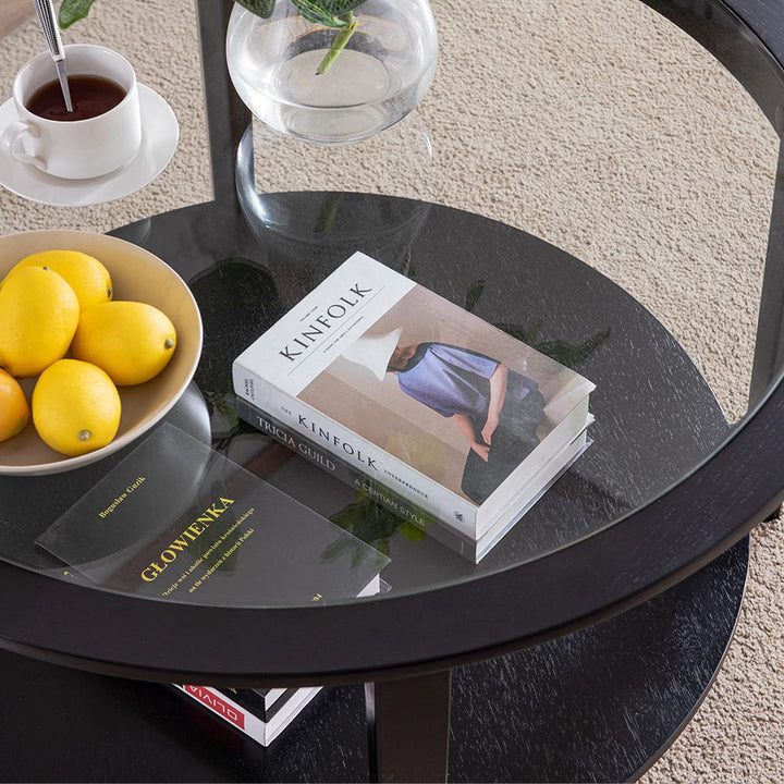 Solid Wood Round Coffee Table with Black Tempered Glass Top