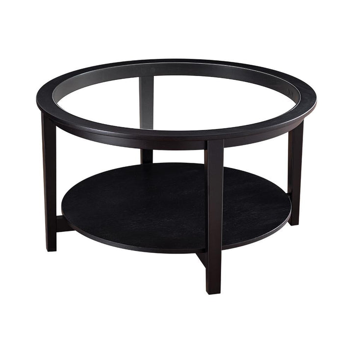 Solid Wood Round Coffee Table with Black Tempered Glass Top