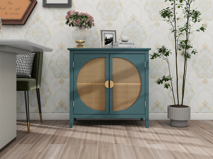 Elegant 2-Door Cabinet with Natural Rattan Weaving