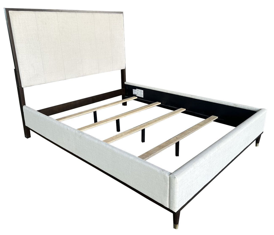 Contemporary Light Gray Fabric Queen Bed with White & Brown Finish