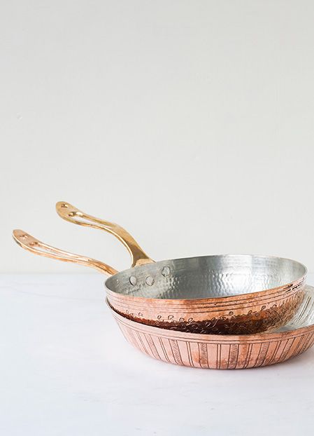 Hand-Engraved Leaves Copper Frying Pan, 9"