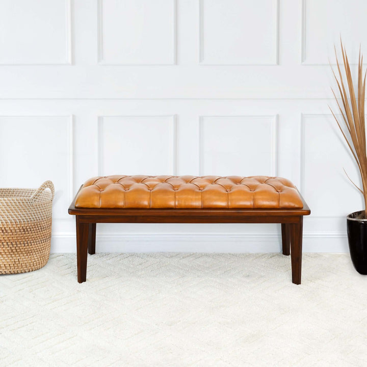 The Arden Tan Leather Bench With Buttons Era and Style Inspired Home Décor 4