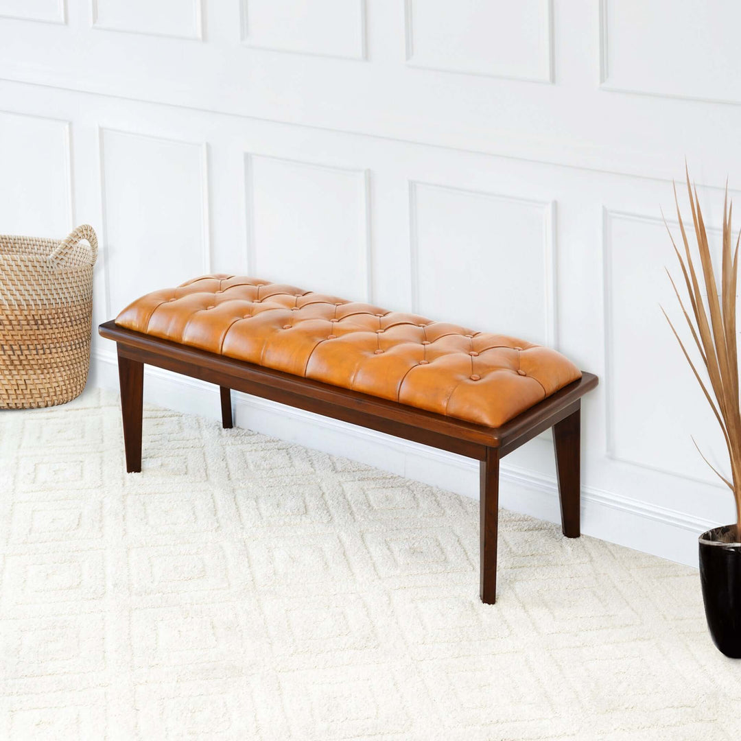 The Arden Tan Leather Bench With Buttons Era and Style Inspired Home Décor 3