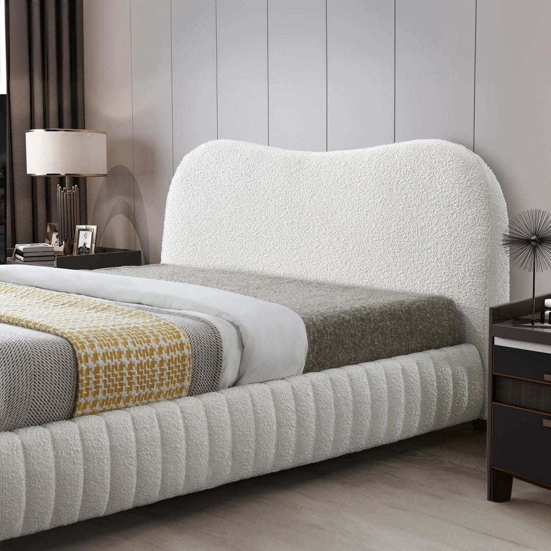 The Norme Boucle Upholstered Low Profile Queen Size Platform Bed In Cream Era and Style Inspired Home Décor 2