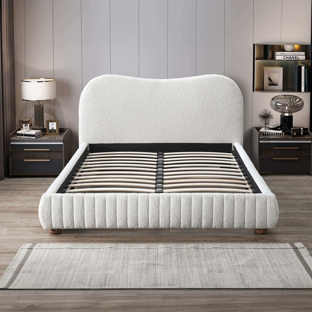 The Norme Boucle Upholstered Low Profile Queen Size Platform Bed In Cream Era and Style Inspired Home Décor 1