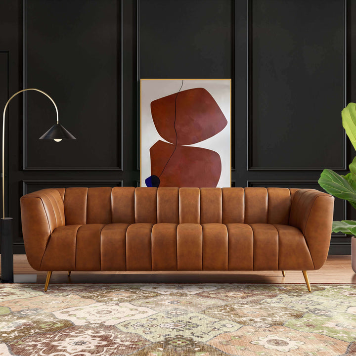 The Ava Genuine Italian Tan Leather Channel Tufted Sofa Era and Style Inspired Home Décor 2