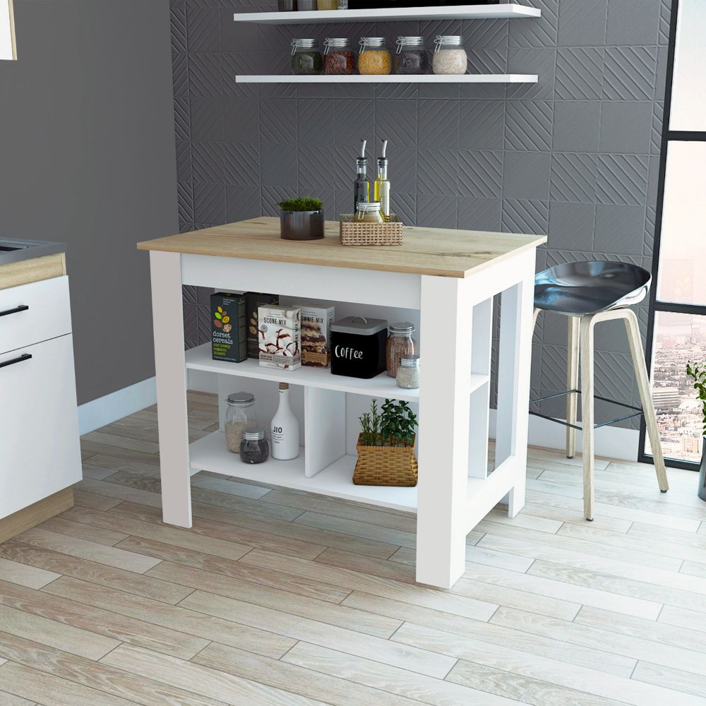 Brooklyn Kitchen Island, Three Concealed Shelves, Four Legs