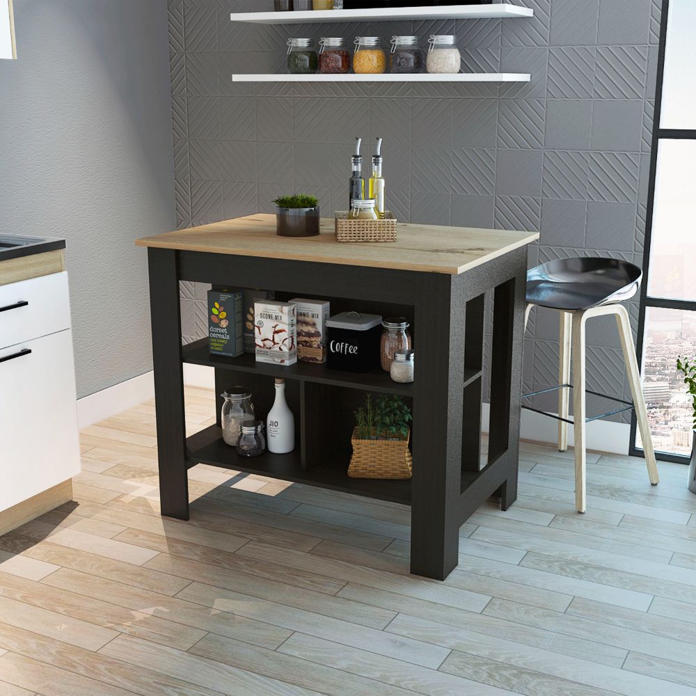 Brooklyn Kitchen Island, Three Concealed Shelves, Four Legs