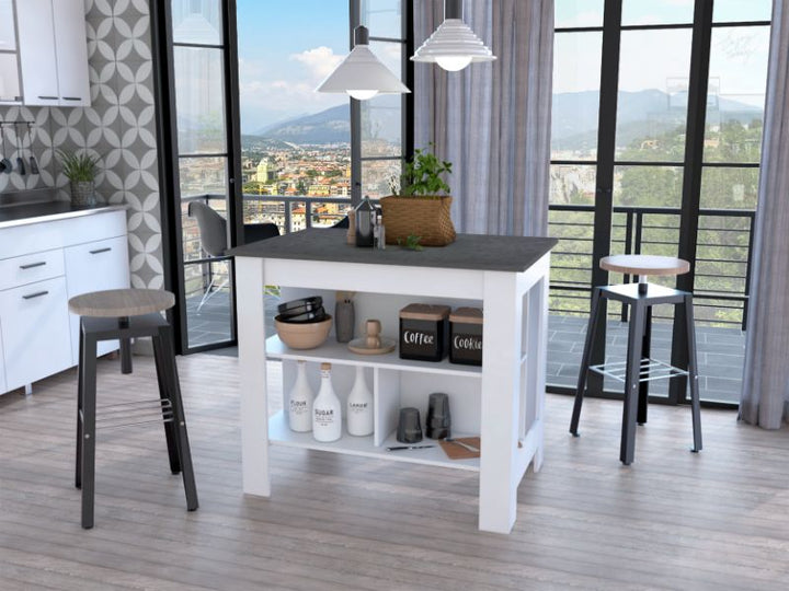 Brooklyn Kitchen Island, Three Concealed Shelves, Four Legs