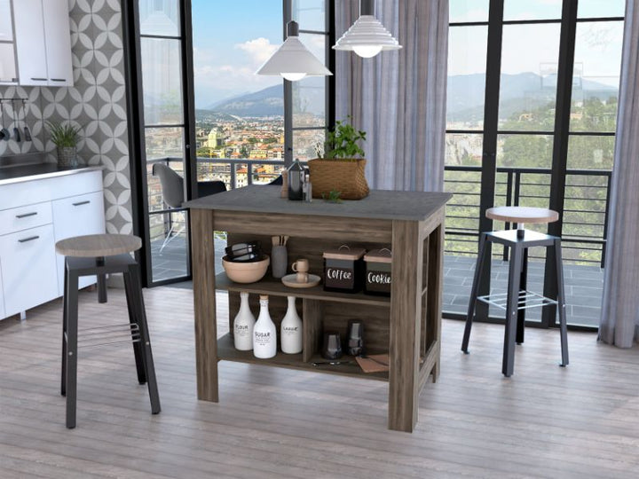 Brooklyn Kitchen Island, Three Concealed Shelves, Four Legs