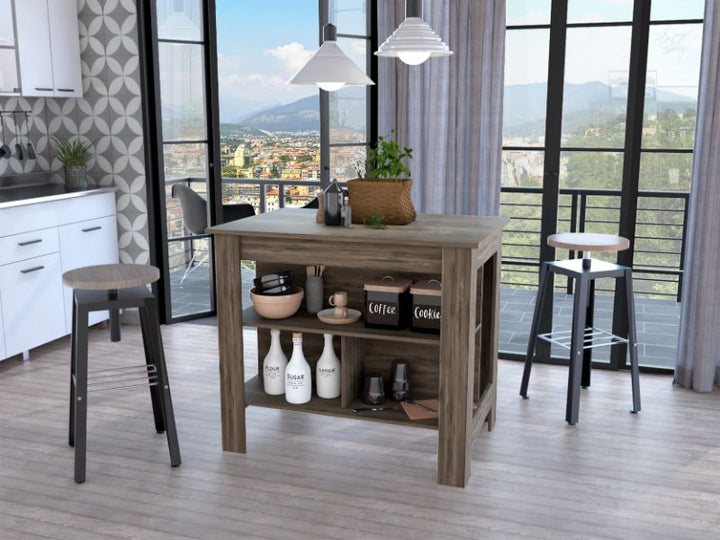 Brooklyn Kitchen Island, Three Concealed Shelves, Four Legs