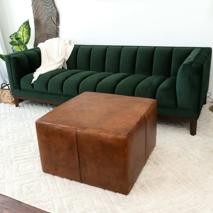 The Mallory Mid-Century Square Genuine Leather Upholstered Ottoman In Tan 27.5" Era and Style Inspired Home Décor 5