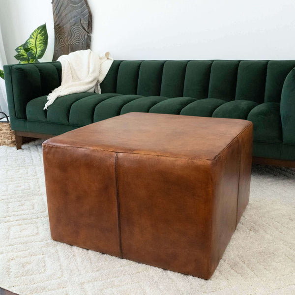 The Mallory Mid-Century Square Genuine Leather Upholstered Ottoman In Tan 27.5" Era and Style Inspired Home Décor 2