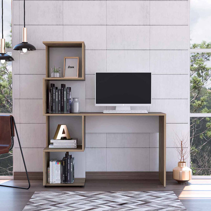 Lincoln Writing Computer Desk With Bookcase, Four Shelves