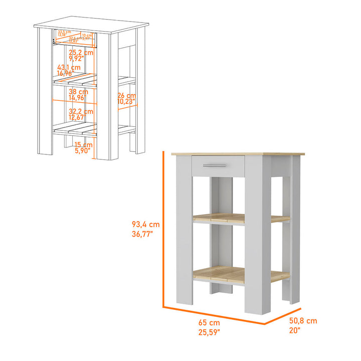 Brooklyn Kitchen Island, Two Shelves, One Drawer