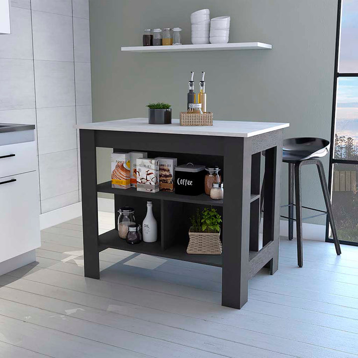 Brooklyn Kitchen Island, Three Concealed Shelves, Four Legs