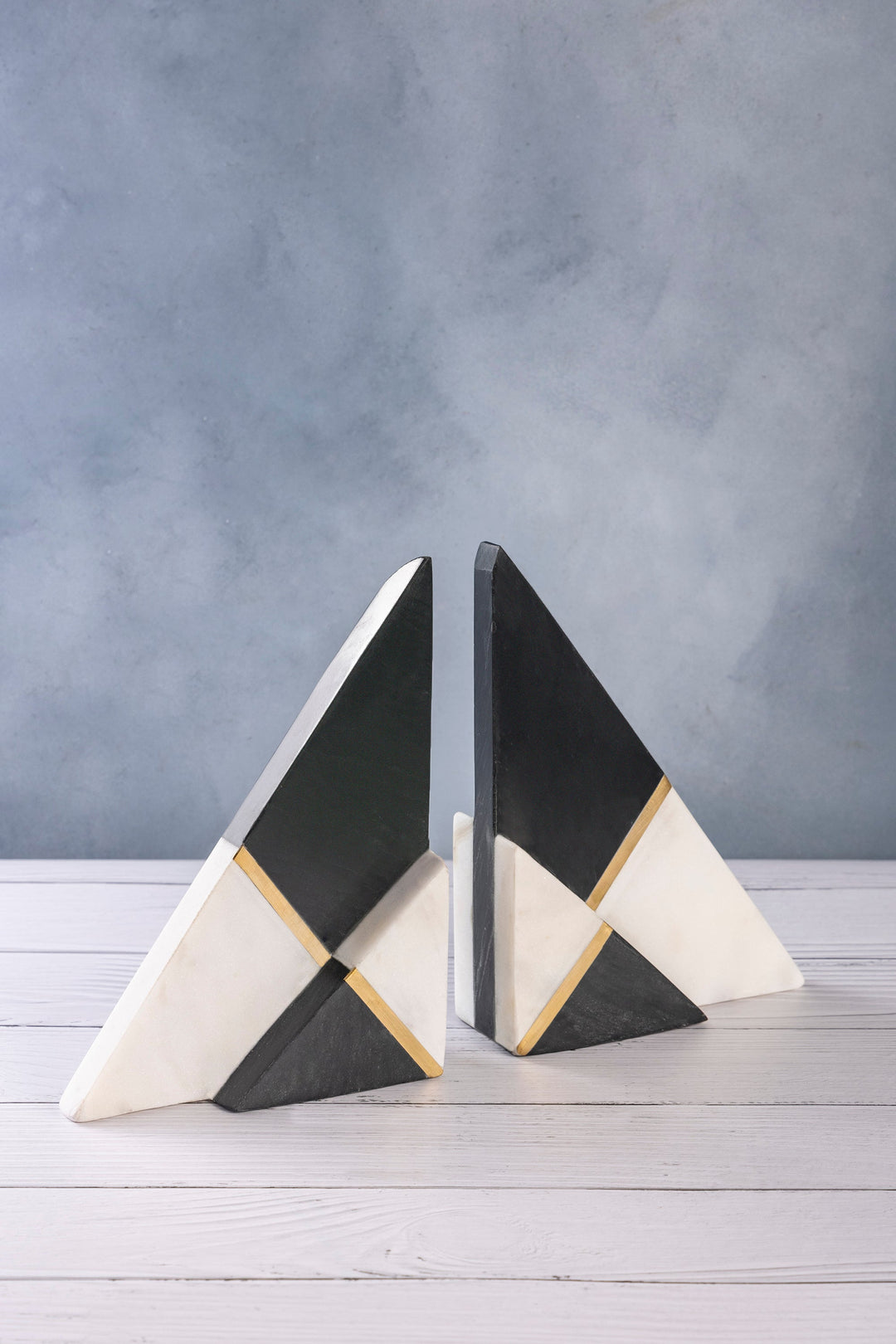 Black, Brass and White Marble Bookends, Set of 2