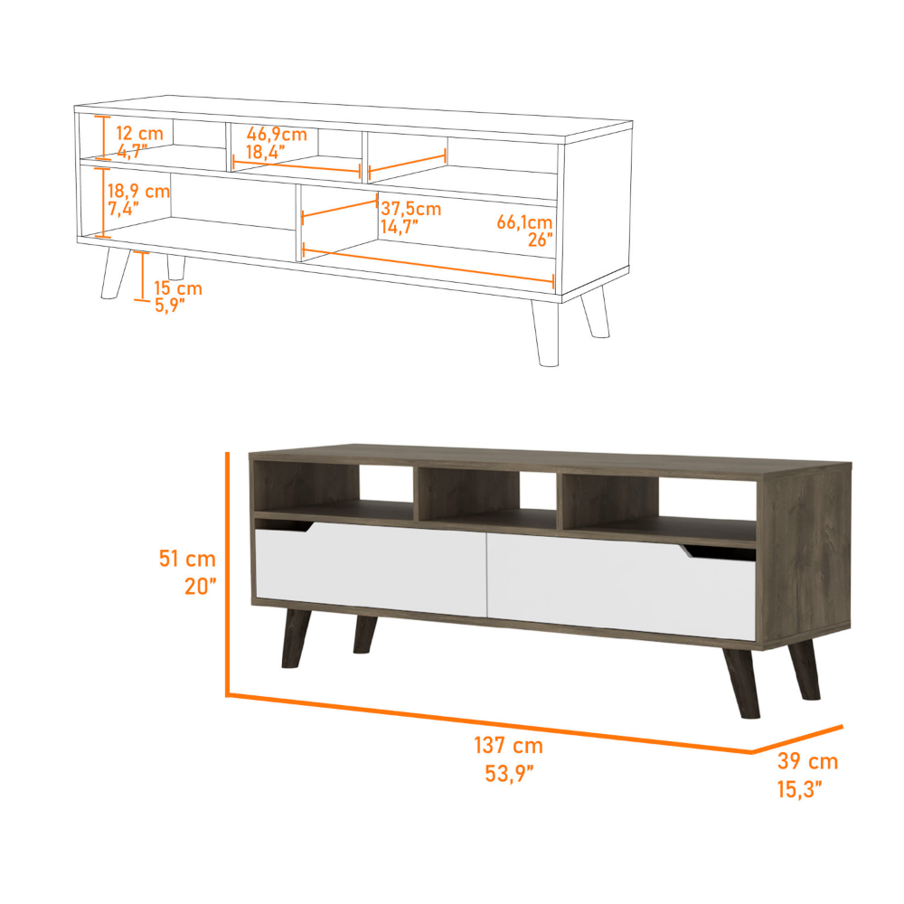 Hamburg TV Stand For TV´s up 52", Four Legs, Three Open Shelves,Two Drawers