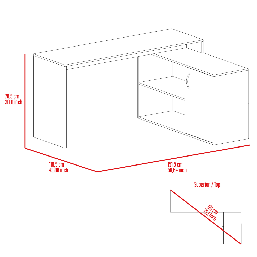 Antlia L-Shaped Writing Desk, Two Shelves, Single Door Cabinet