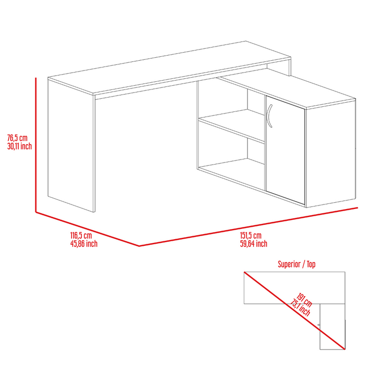 Antlia L-Shaped Writing Desk, Two Shelves, Single Door Cabinet