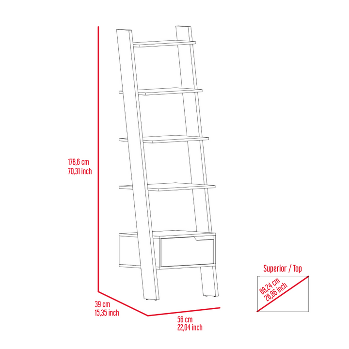 Hamburg Ladder Bookcase, Five Open Shelves, One Drawer