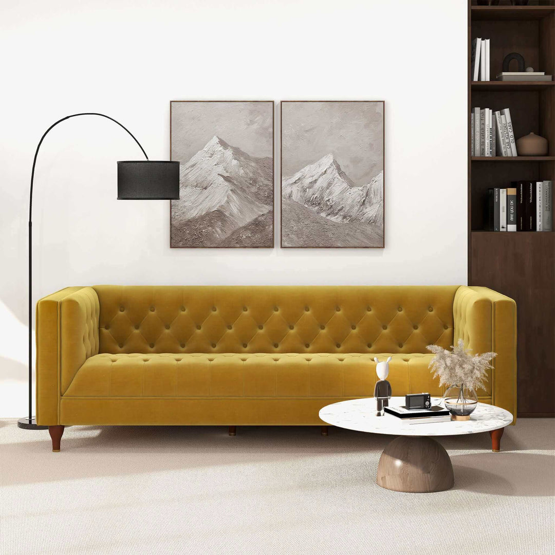 The Evelyn Mid Century Modern Yellow Velvet Luxury Chesterfield Sofa Era and Style Inspired Home Décor 3