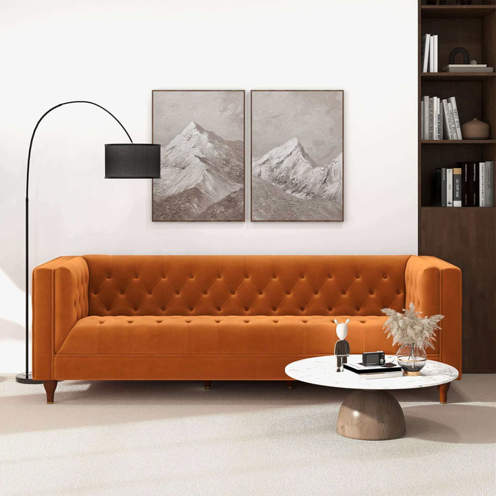 The Evelyn Mid Century Modern Burnt Orange Velvet Luxury Chesterfield Sofa Era and Style Inspired Home Décor 2