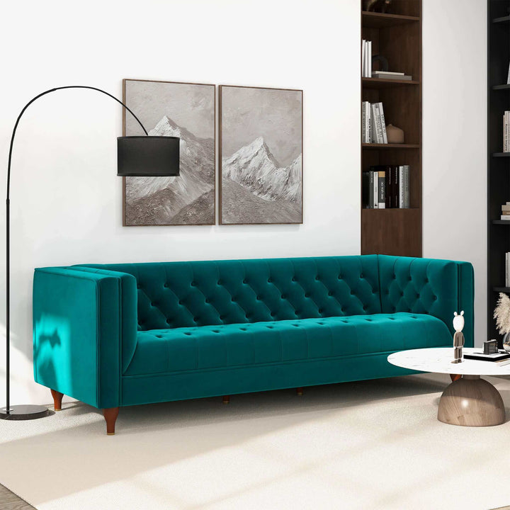 The Evelyn Mid Century Modern Teal Velvet Luxury Chesterfield Sofa Era and Style Inspired Home Décor 2