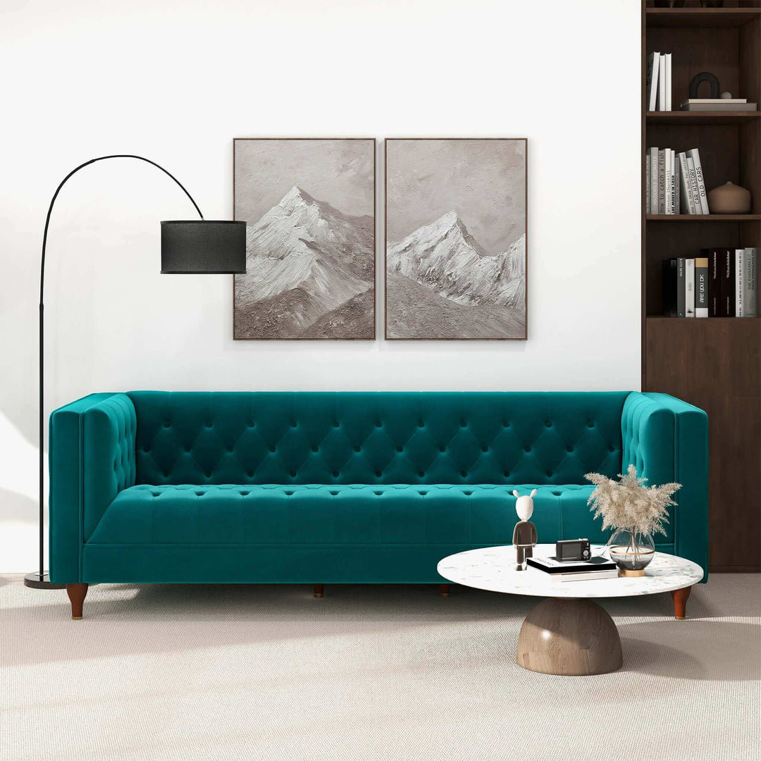 The Evelyn Mid Century Modern Teal Velvet Luxury Chesterfield Sofa Era and Style Inspired Home Décor 1