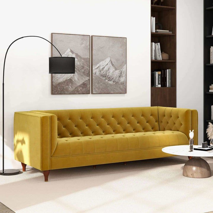 The Evelyn Mid Century Modern Yellow Velvet Luxury Chesterfield Sofa Era and Style Inspired Home Décor 1