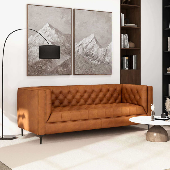 The Evelyn Mid Century Modern Cognac Leather Luxury Chesterfield Sofa Era and Style Inspired Home Décor 2